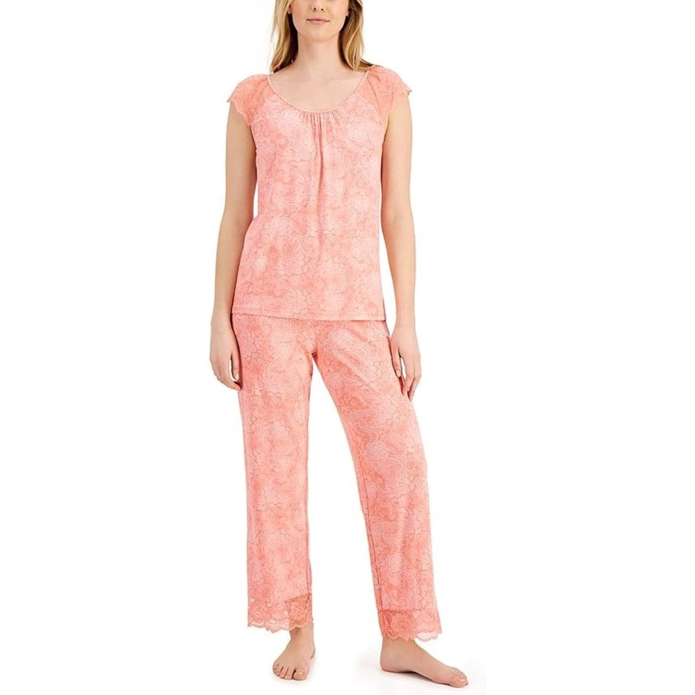 Charter Club Women's Lace Trim Pajama Lounge Set Orange Paisley‎ (Small)
